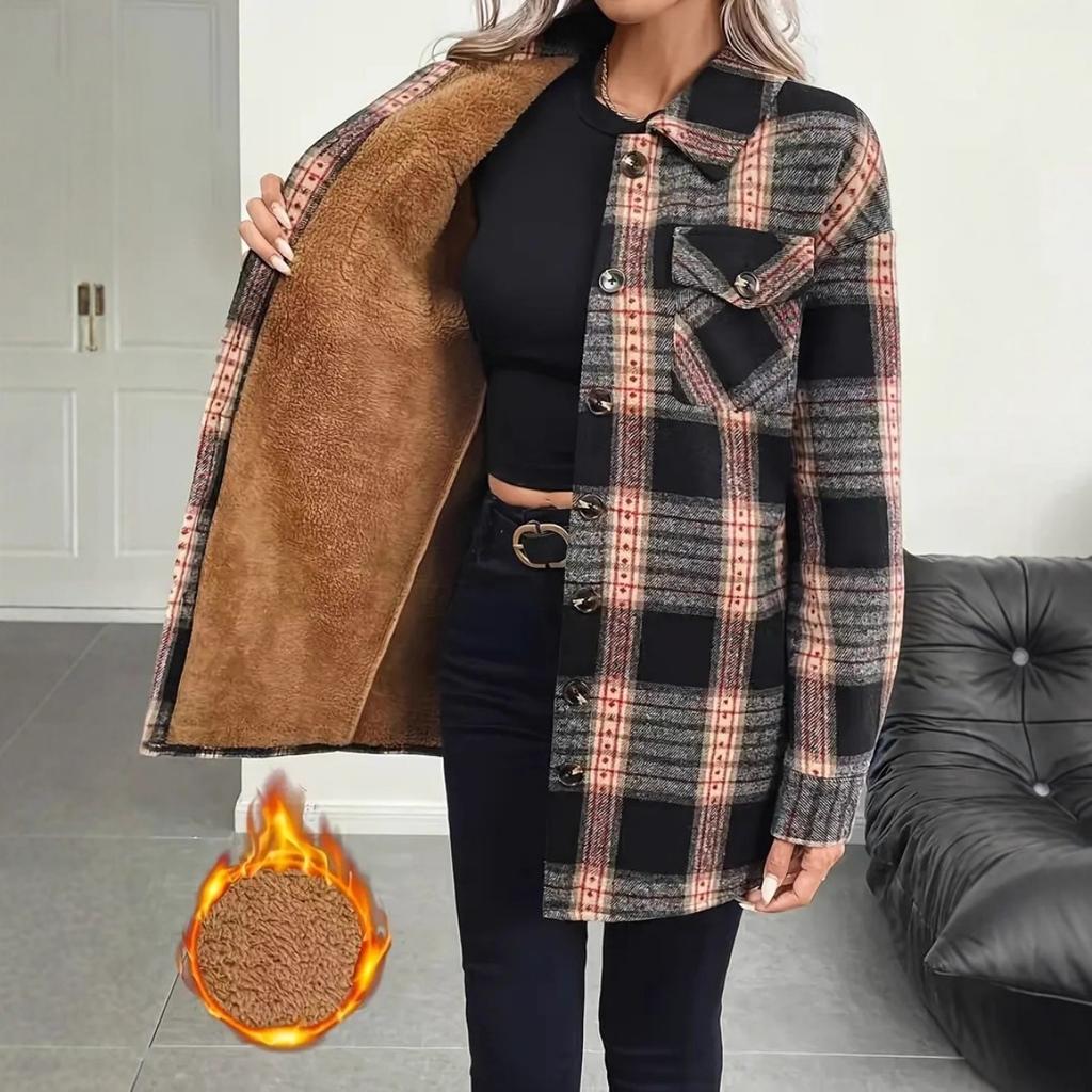 Autumn Winter Fleece Lined Women Plaid Lapel Jacket Casual Loose Long Sleeve Shirt Coat Commute Outwear