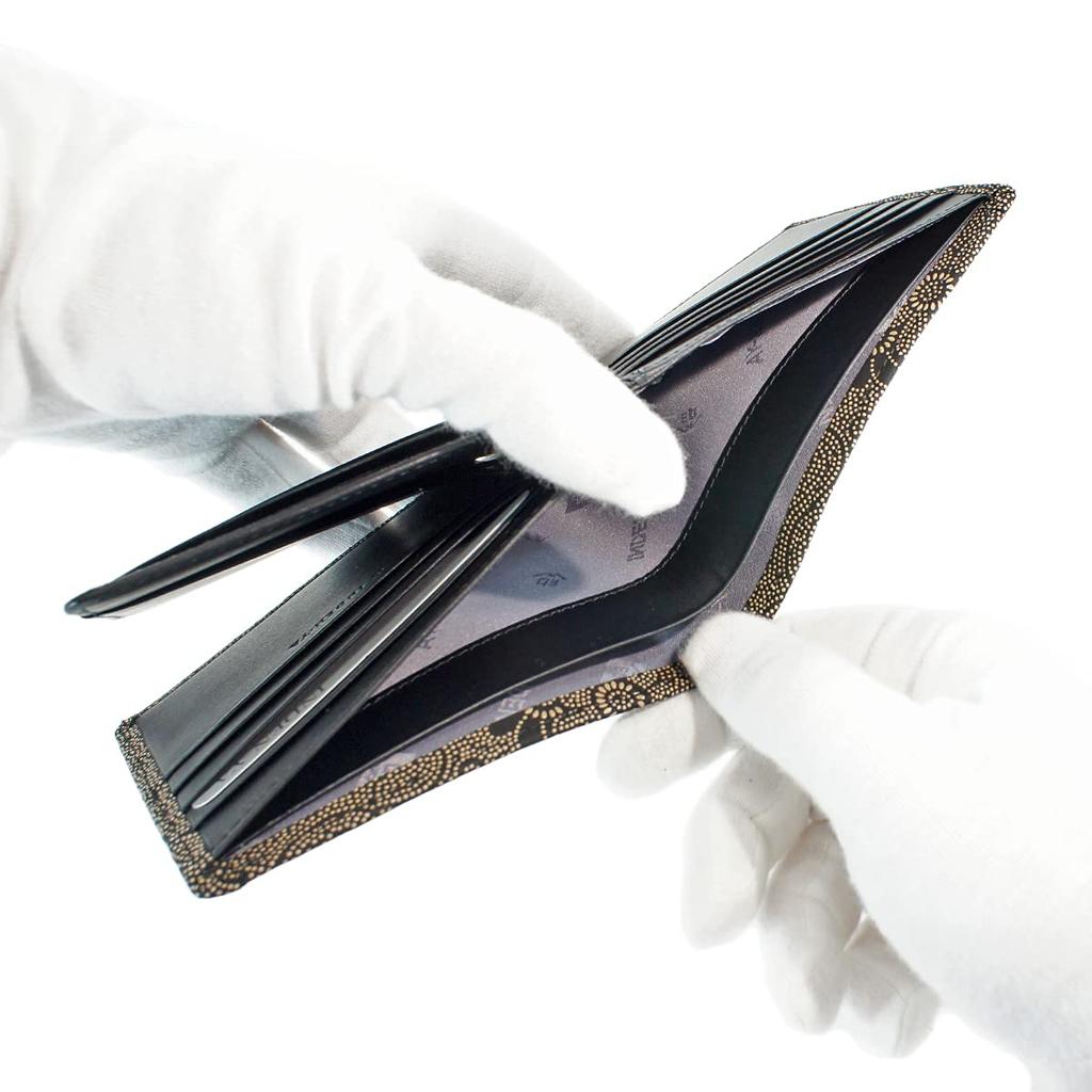 [Inden-ya] Inden Bifold Wallet, Bill Compartment F, No Coin Purse, Deerskin, Black with White Lacquer, Chrysanthemum Pattern, 2009-11-005