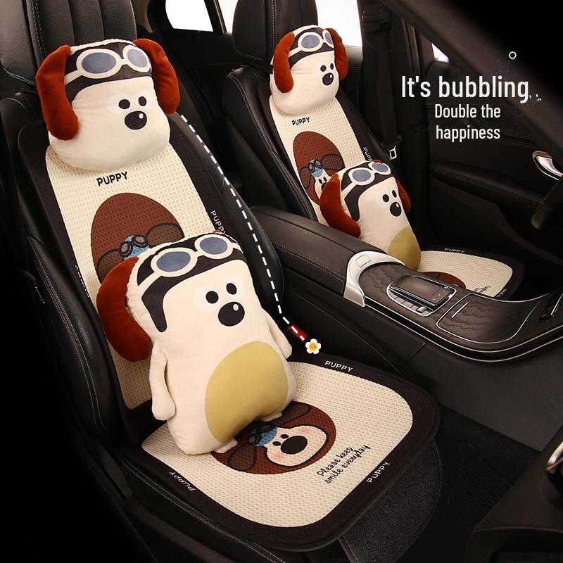 Cute Cartoon Pilot Dog Car Seat Cushion for Ladies - Breathable and Suitable for Geely Binrui, Dihao, and Binyue, All Seasons