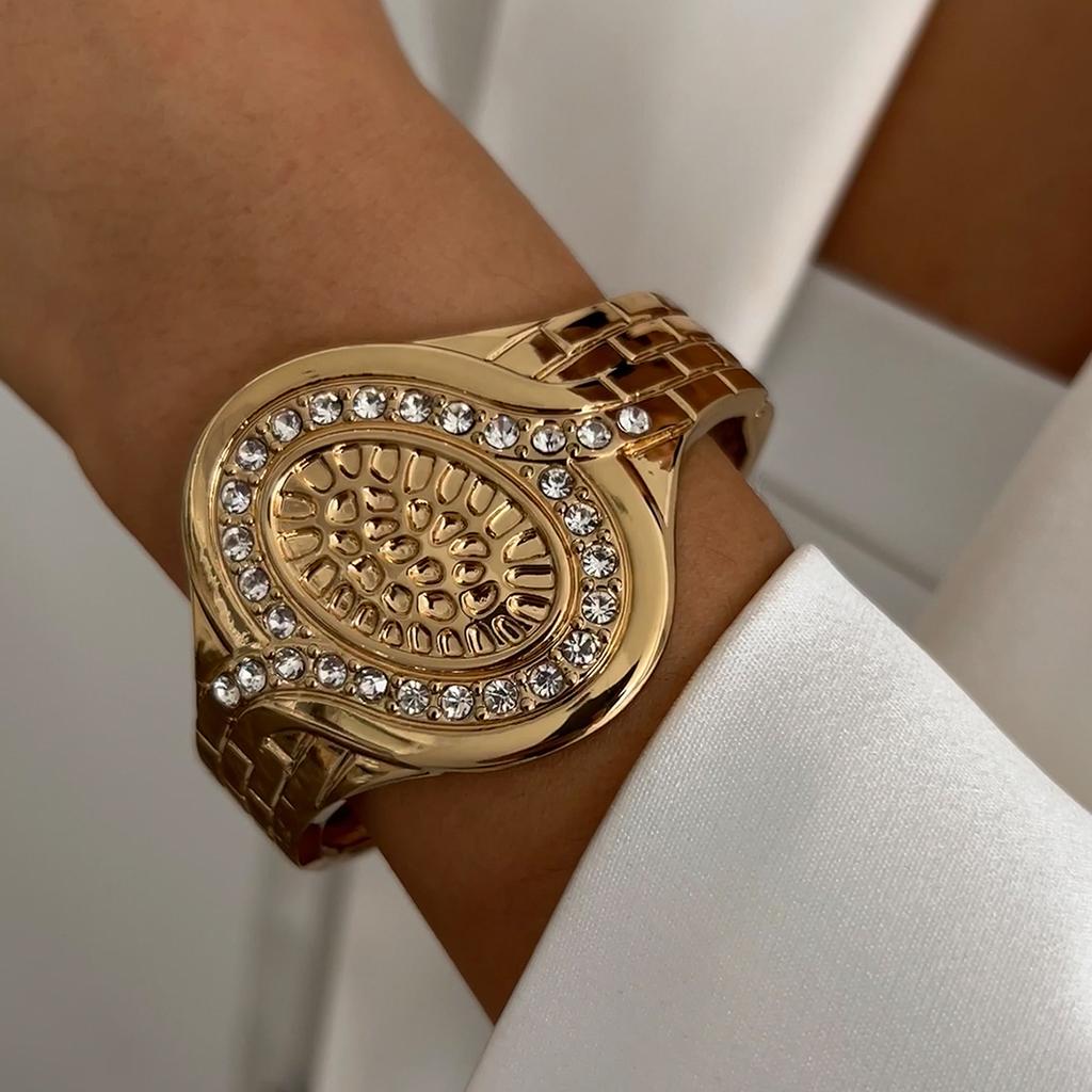 IngeSight.Z Exaggerated Large Inlaid Rhinestone Watch Shaped Heavy Metal Spring Bangles Women's Classic Statement Party Jewelry