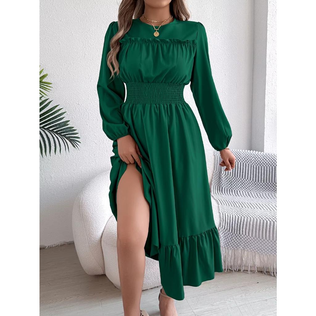 Autumn and Winter Casual Elegant Solid Color Round Neck Long Sleeved Waist Cinched Lotus Leaf Edge Dress Women Clothing