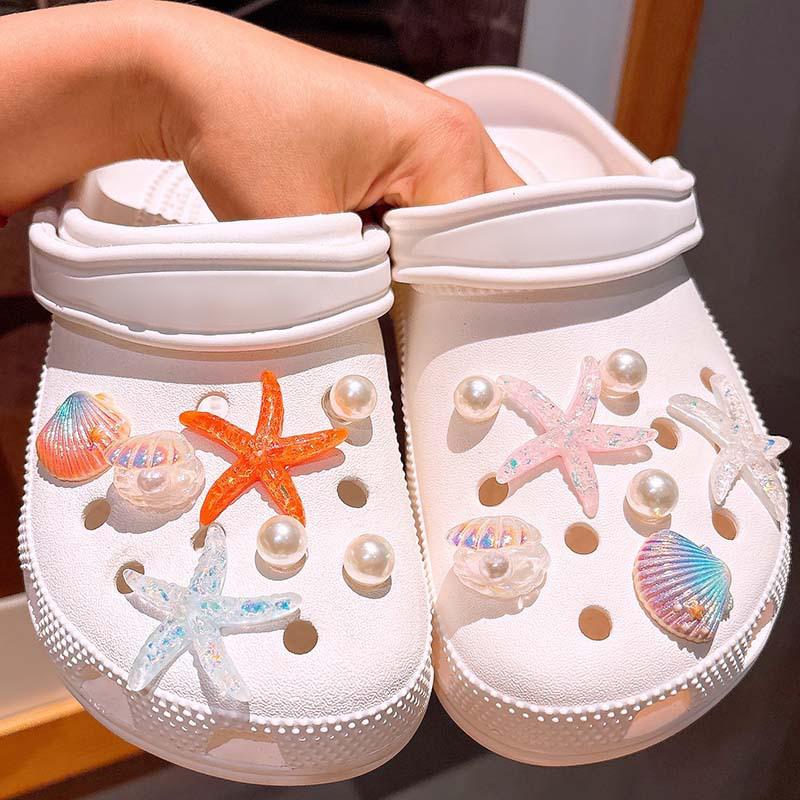1 Set Diy Ocean Starfish Shoe Clips For Summer Sandals Slippers Sea Shell Hole Punch Shoe Charms Decoration Women Gifts