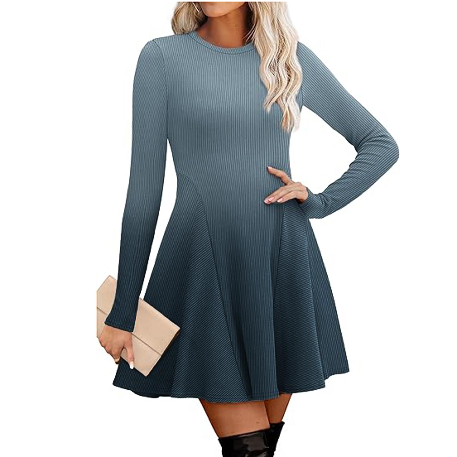 

Платье-свитер для женщин Осень 2025 Длинный рукав Круглый вырез В рубчик В обтяжку Расклешенное А-силуэта платья S синий