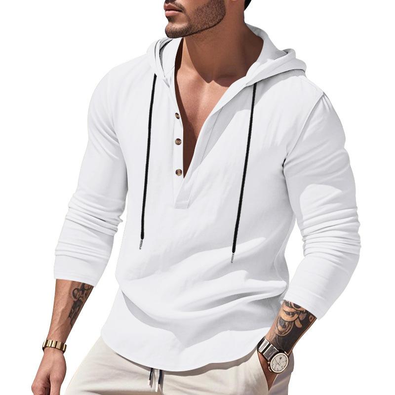 Men s White Drawstring Hooded Half Button Long Sleeve Henley Shirt S