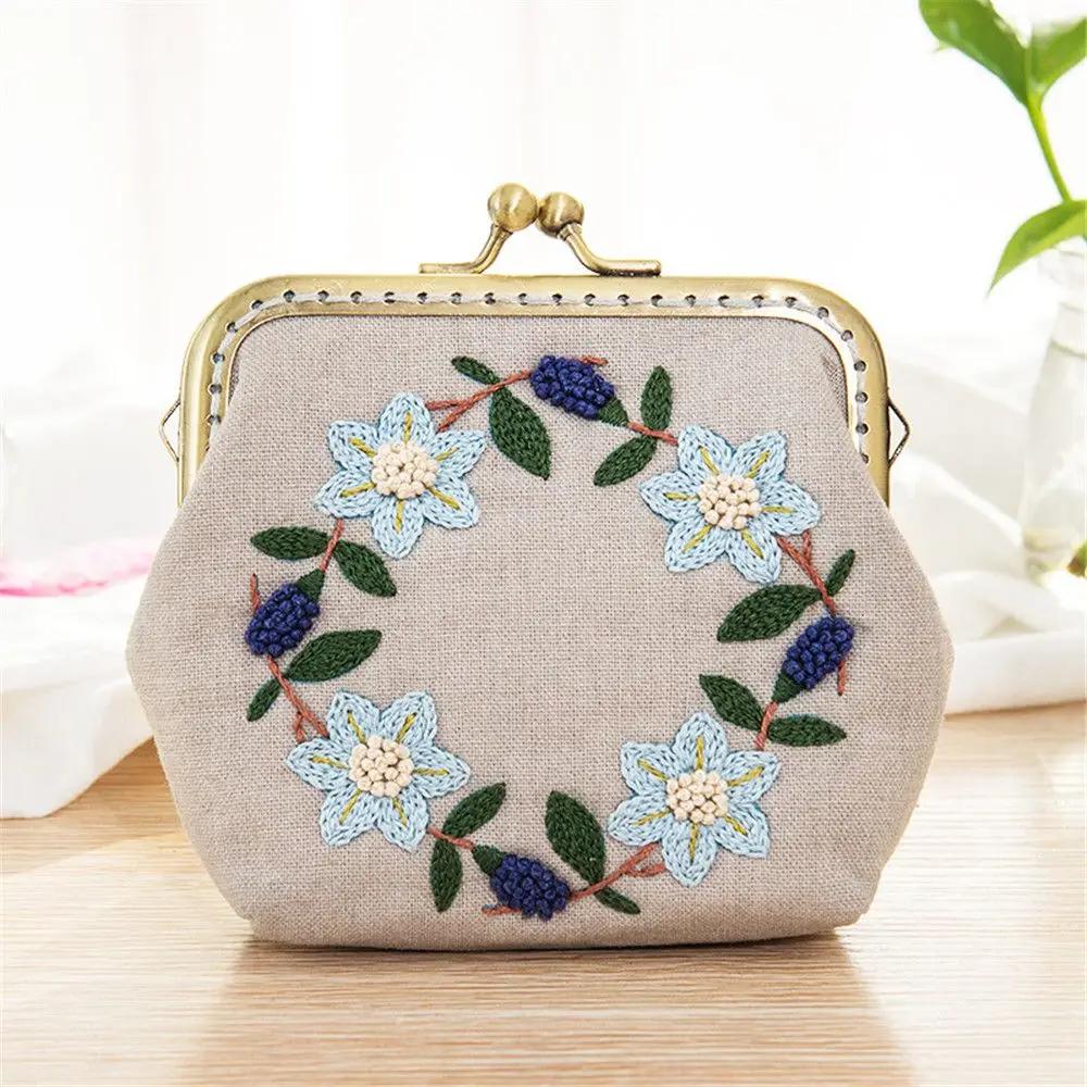 Flerfarget Håndlaget Broderi Startsett Myntpung Lommebok Blomstermønstre Korssting Broderi DIY Håndverk Hjemmedekorasjon