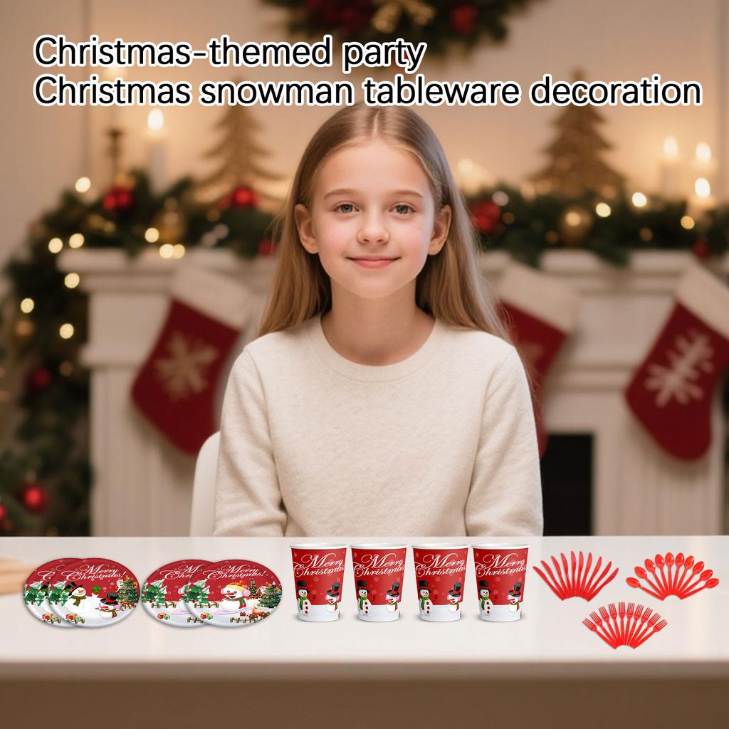 Christmas Themed Party Decoration, Christmas Snowman Paper Cup, Paper Tray, Knife, Fork, Spoon
