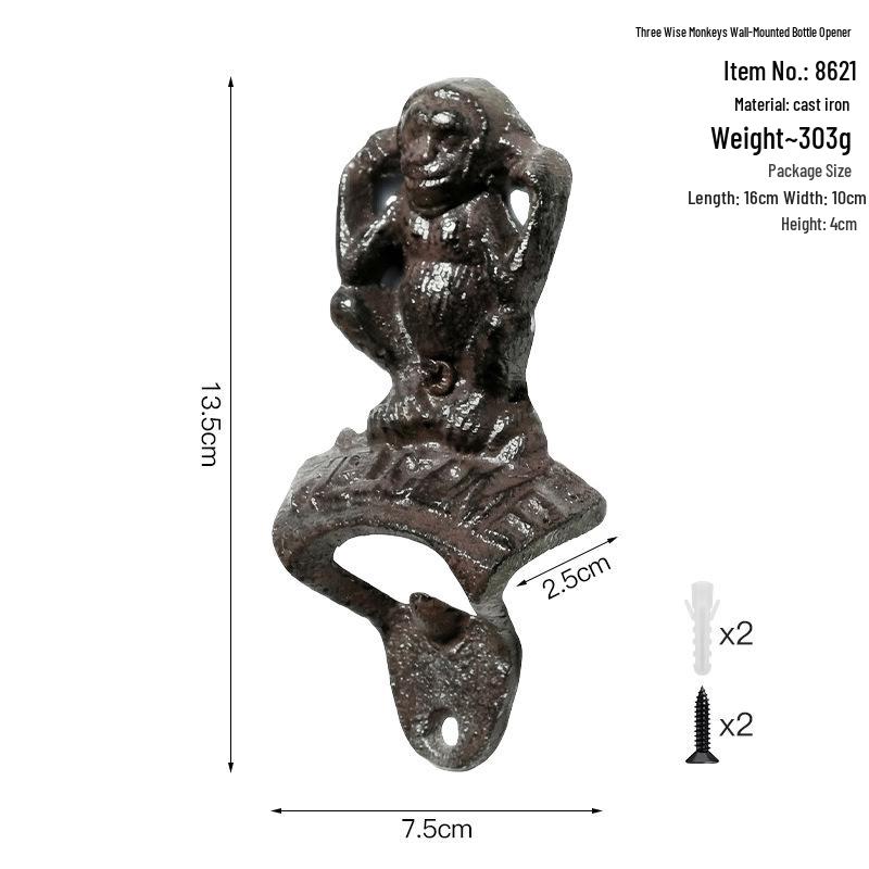 Creative Retro Cast Iron Three Wise Monkeys Wall-Mounted Bottle Opener.