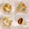Vintage Green Stone Rings Irregular Leaf Broad Surface Anillos For Women Elegant Gold Color Stainless Steel Jewelry Party Gift