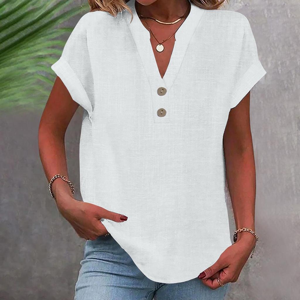 Summer Cotton Linen Breathable Solid Color Button Down V-neck Shirt Basic And Versatile Casual Comfortable Lady Office Tops