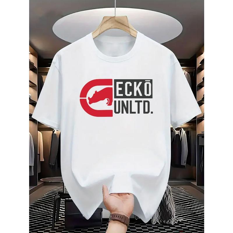Taglie Europee T-shirt Nuova da Uomo con Logo Geco Rosso, Sfondo Nero con Scritta Bianca in Grassetto e Elementi di Design Trendy
