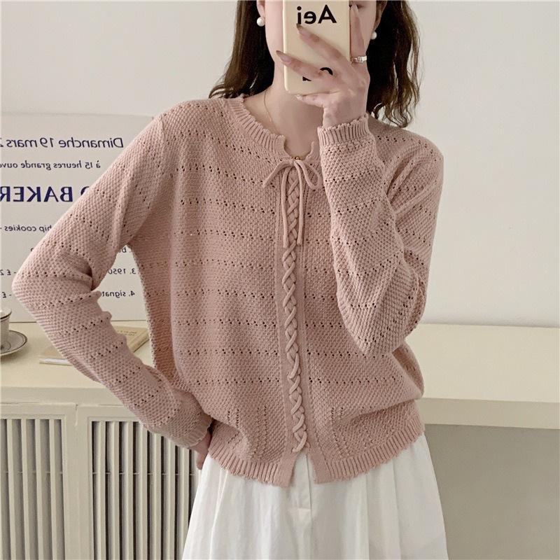 Spring Solid Color Sweater Top Thin Lace Round Neck Knitted Sweater for Women