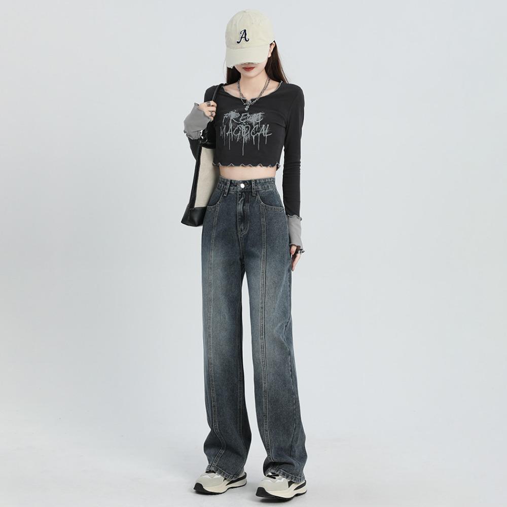 High Street ins Straight Jeans Damen Herbst und Winter Neue Skinny High Waist Lockeres Design Weitbeinjeans