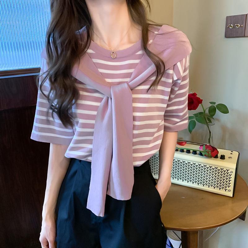 Summer 2024 Women's Fashion: Western-Style Striped Short-Sleeved Shawl T-Shirt
