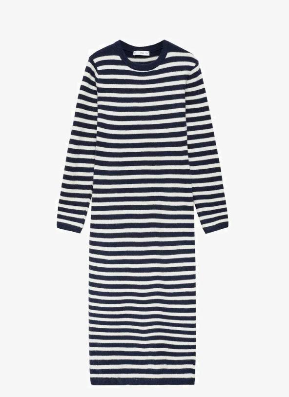 French Retro Striped Wool Knit Dress - Slimming, Warm, Knee-Length for Women