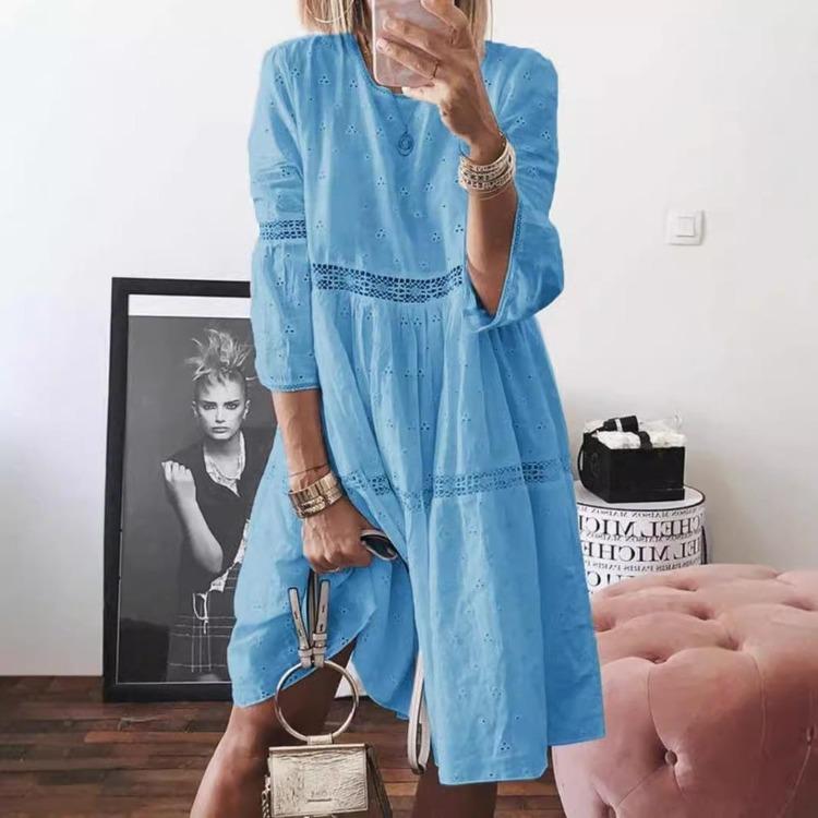 2026 New Summer Fashion Women Casual Lace Hollow Out Cotton Dress Large Size White O Neck Beach Clothes Ladies Female