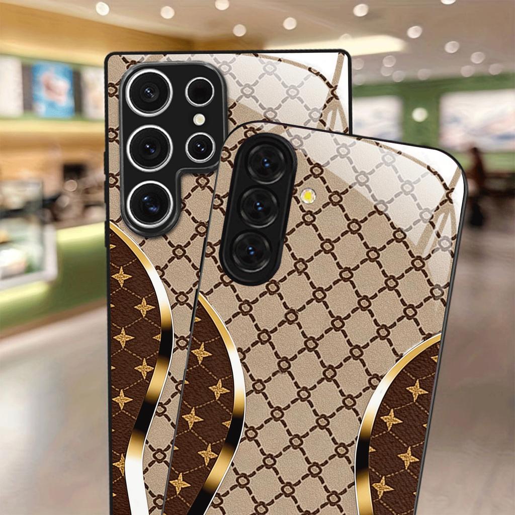 Brown Lattice Star Print Glass phone case mobile phones fashion phone cases for Samsung Galaxy S26 S25 S24 S23 S22 FE Ultra Plus