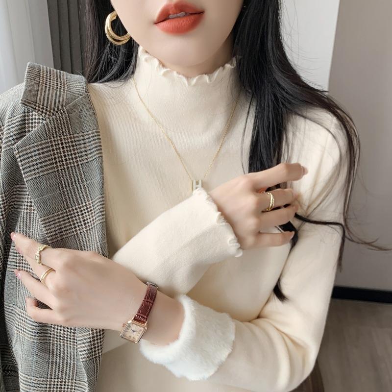 Semi-turtleneck thickened integrated fleece warm sweater women's winter design sense fungus edge inner top knitted bottoming shirt