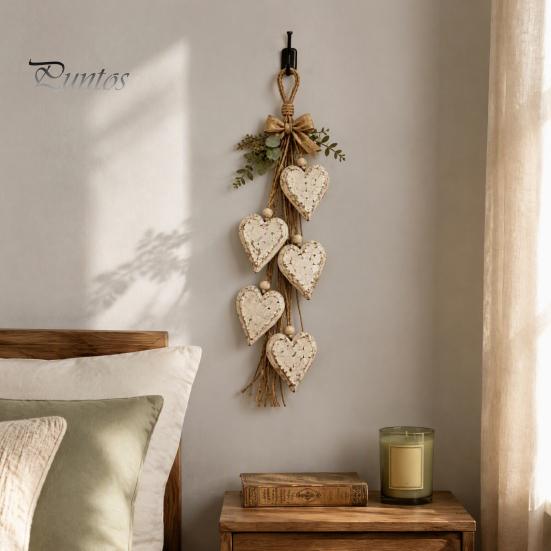 Decorative Living Room Art Farmhouse Hanging Heart Wall Decor with 5 Layer Wooden Hearts, Vintage Boho Wood Natural Accent Trinket Shelf for Bedroom,
