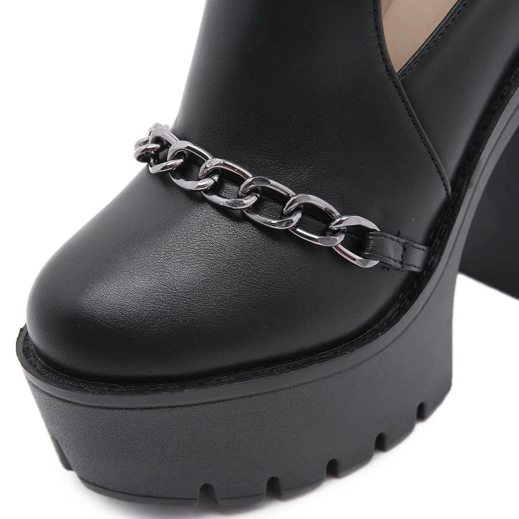 Fashion Gothic Buckle Strap Ankle Boots Women Faux Leather Platform Block Chunky Heels Chain Ultra High Heels Motorcycle Boots
