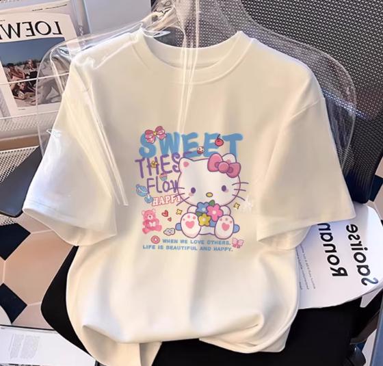 

2026 Kuromi Sanrio Printed Cotton TShirt Summer Cartoon Design Childrens Roundneck Fashion LooseFitting Casual Wear S