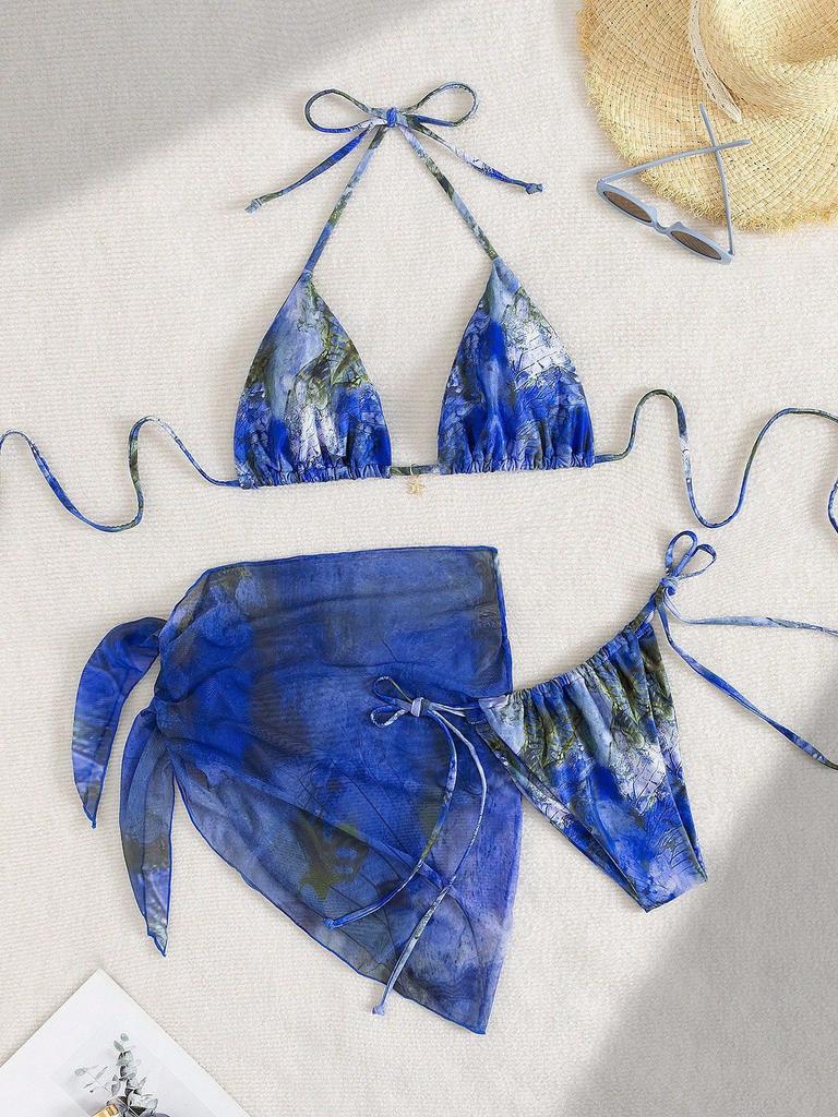 Europäischer Und Amerikanischer Schürzen-Bikini Dreiteilig Retro Bedruckt Schnür-Badeanzug Damen-Badeanzug