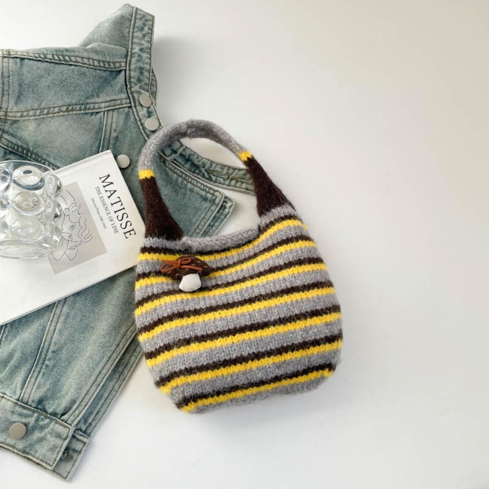 Color-Block Knitted Wrist Bag Japanese Style Wool Bucket Bag Little Mushroom Handbag  Shopping Bag