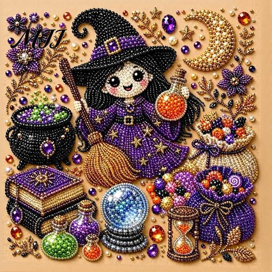 Easy Craft for Beginners Halloween Faux Pearl Painting Kit, DIY Witchcraft Art 3D Handmade Gift Adults Bead Wall Kit Beginners, Holiday Decor Shiny