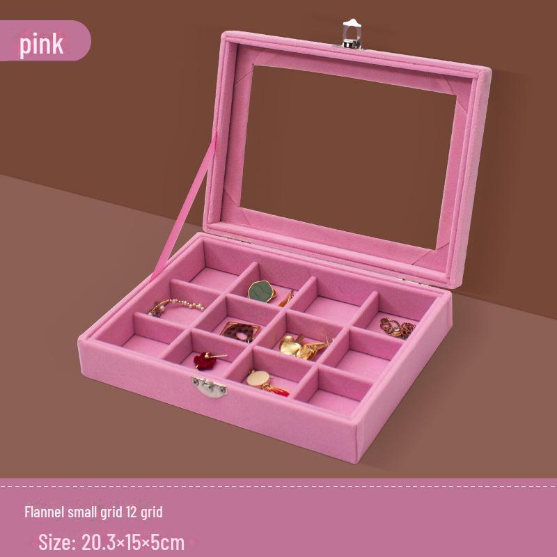 Pink Flocked Portable Jewelry Box with Lid - 316-Grit Dustproof Glass Ring & Earring Display