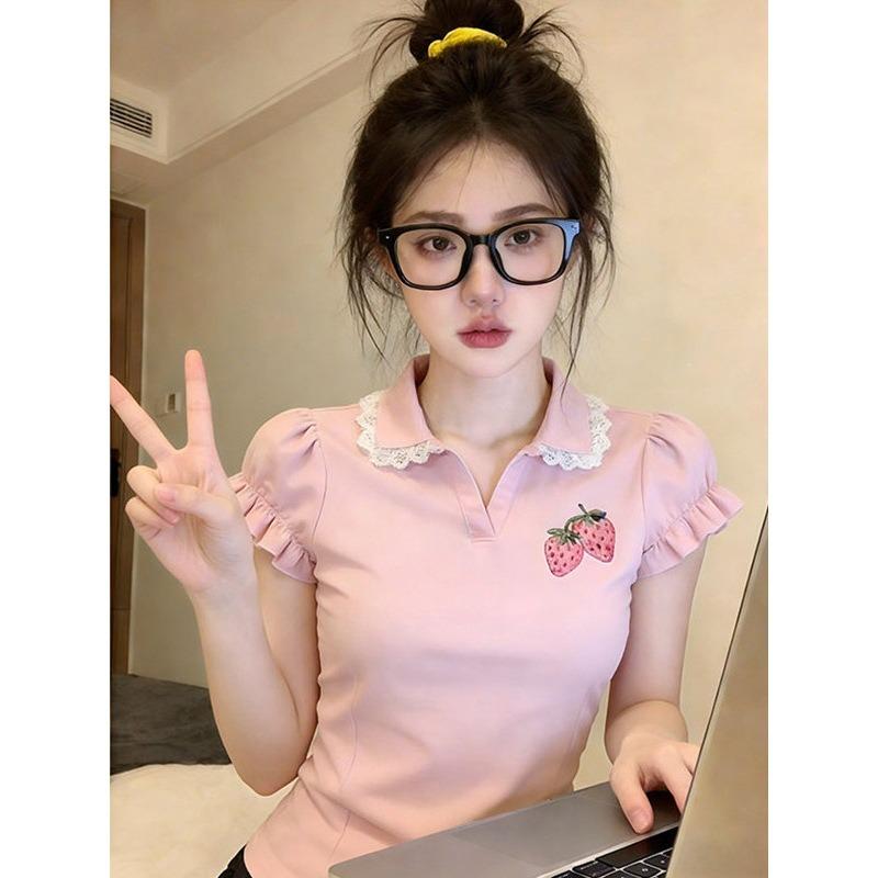 American retro polo collar strawberry embroidered short-sleeved T-shirt for women, new lace lace splicing pink top
