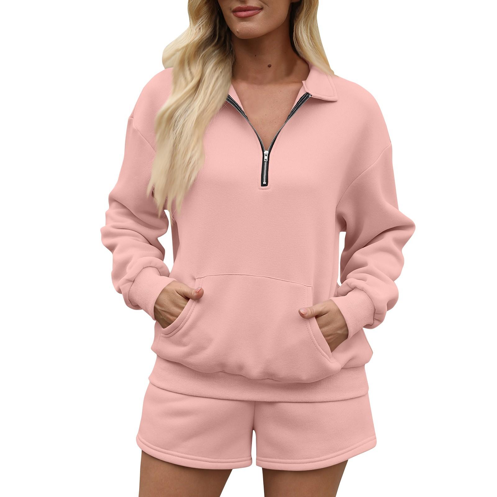 

Женский однотонный свитер с воротником-стойкой и застежкой-молнией, длинный рукав, спортивные шорты, домашняя пижама XL розовый