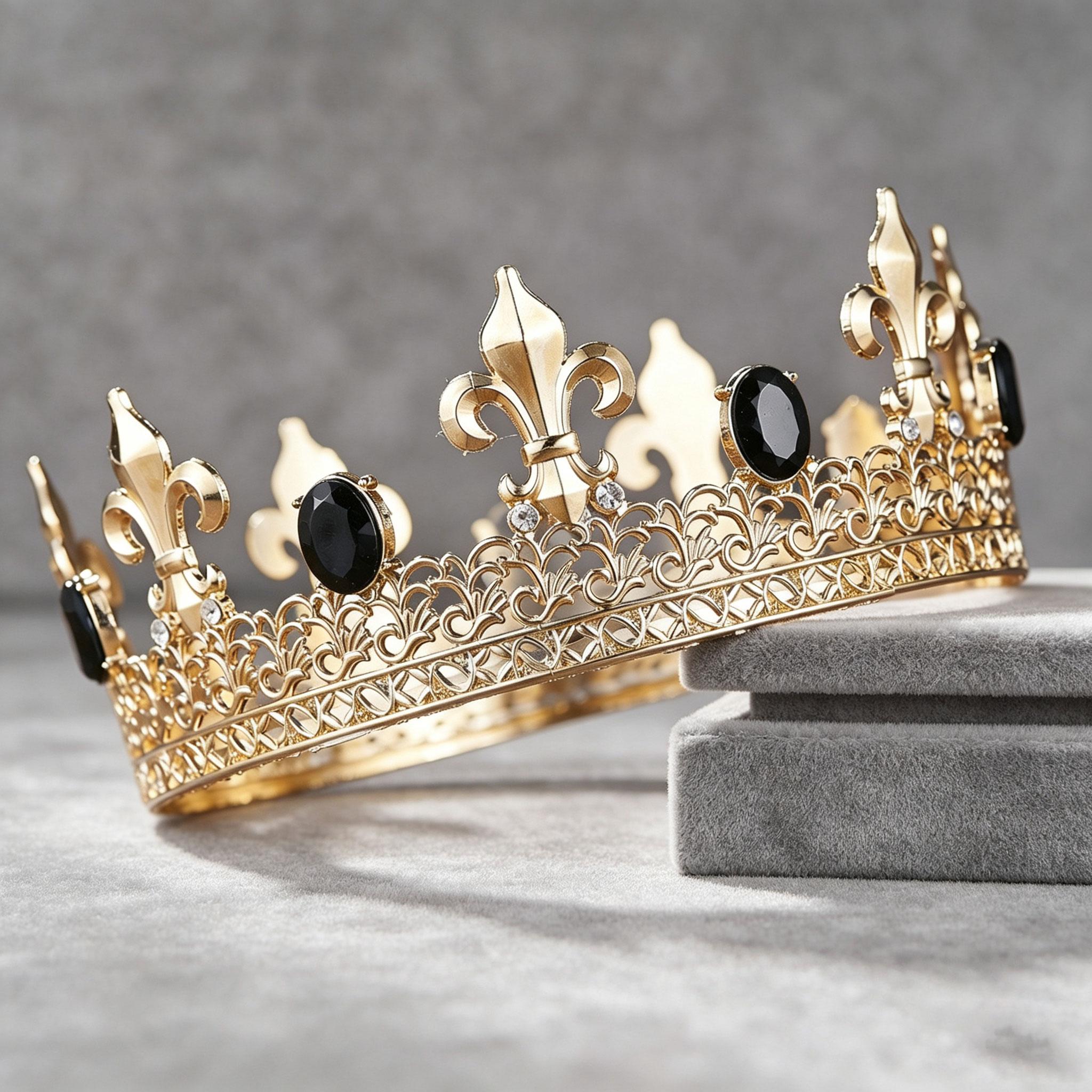 Pánska zlatá korunka s kryštálom Fleur-de-lis - Vintage kráľovská filigránska tiara pre ženícha, svadbu, ples, cosplay, Halloween, narodeninovú oslavu čierna