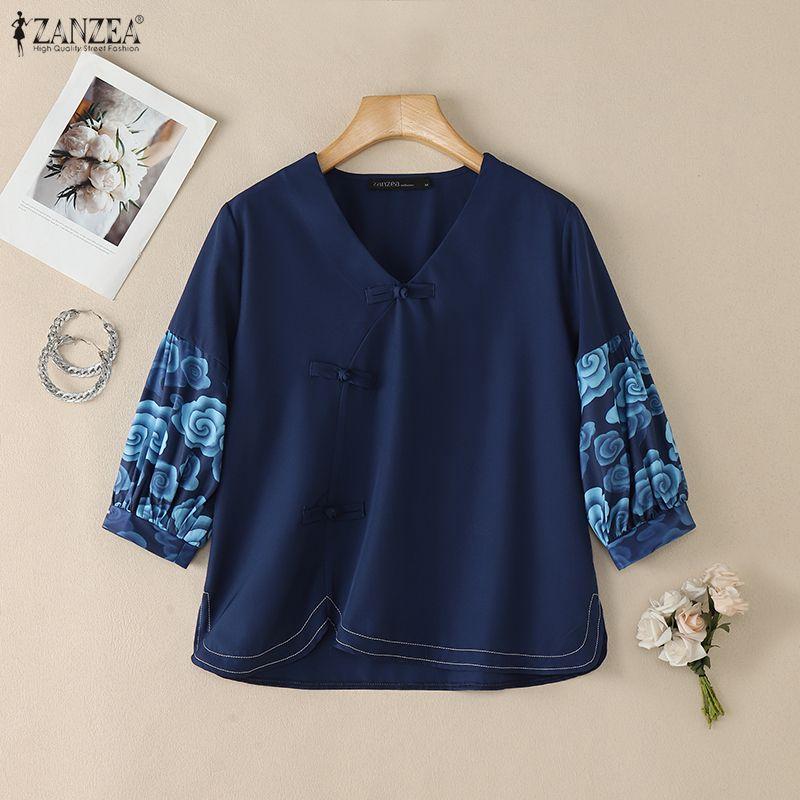ZANZEA Women Casual Round Neck Floral Print Short Sleeve Loose Blouse
