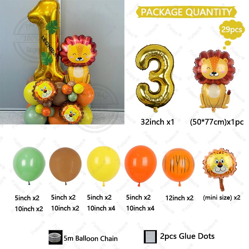 Set de 29 ballons dorés Chiffres 1-9 Anniversaire Ballon Lion Dessin Animé Thème Animaux de la Jungle Décoration de Fête Accessoires Photo Festival