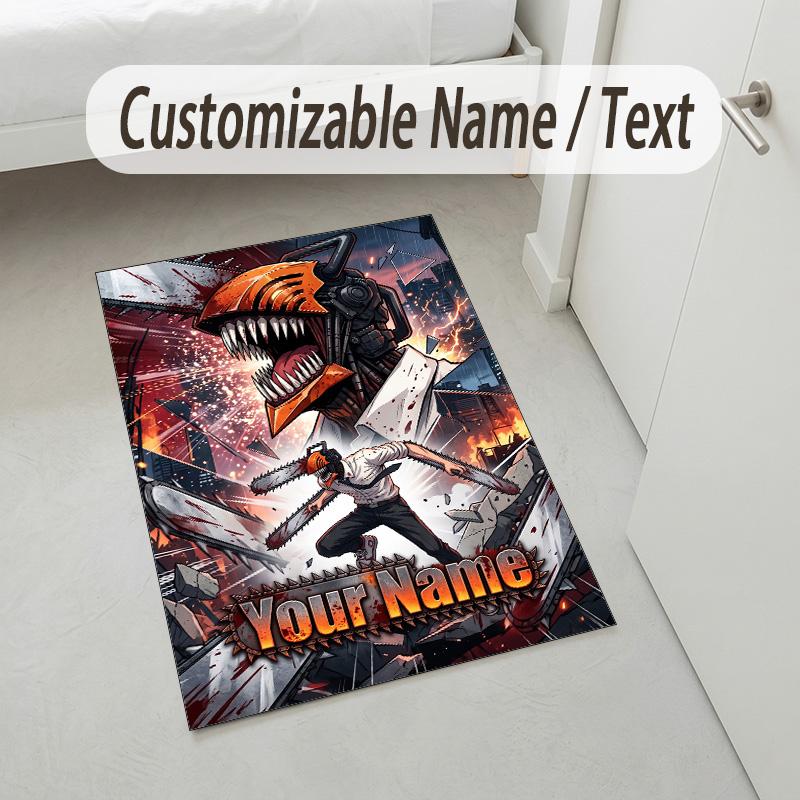 Personalized Crystal Velvet Carpet,Chainsaw Man Custom Printed Name, Plush Area Rug For Home Indoor Decor