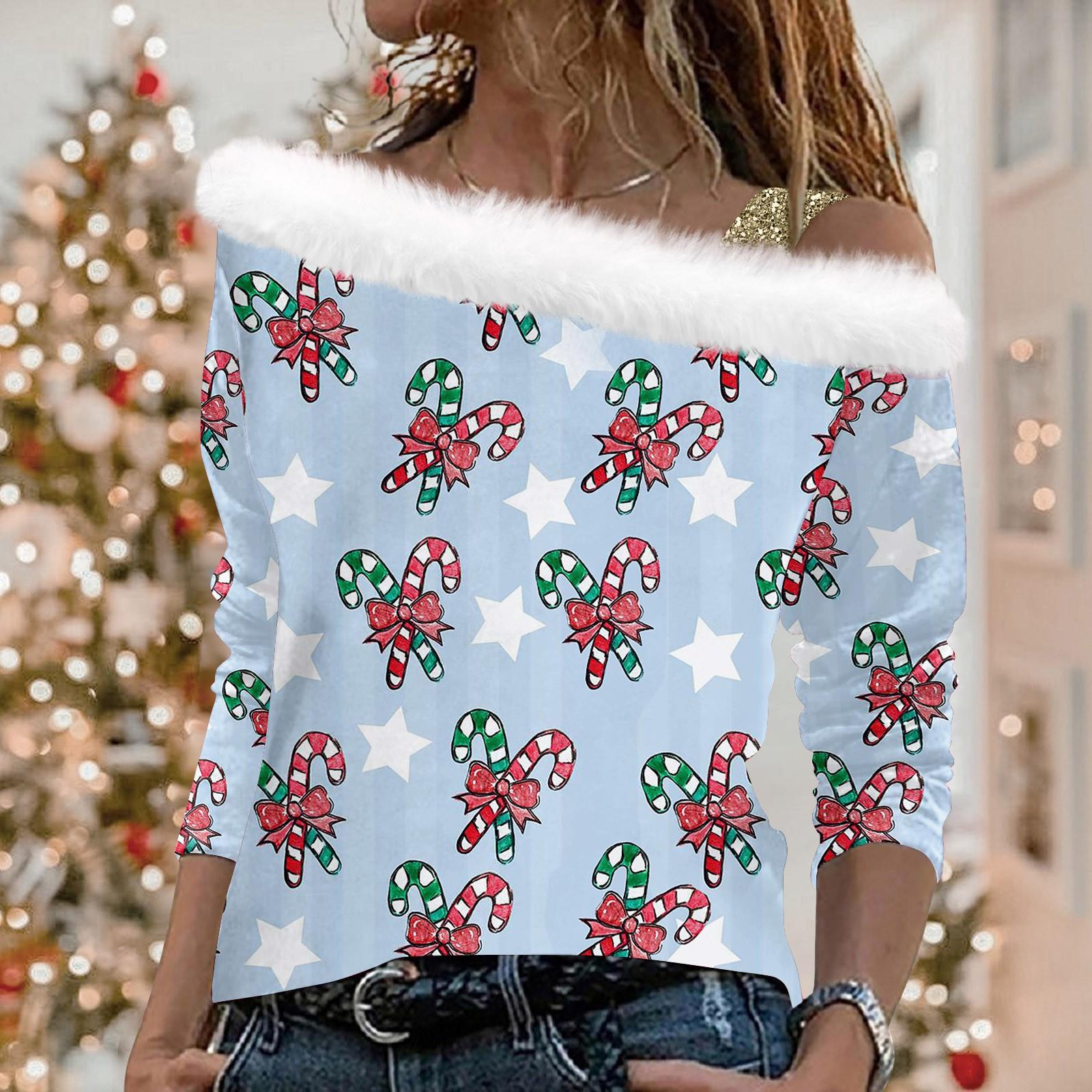 

Женская модная повседневная футболка с разрезом и круглым вырезом, длинным рукавом и рождественским принтом, женский топ L