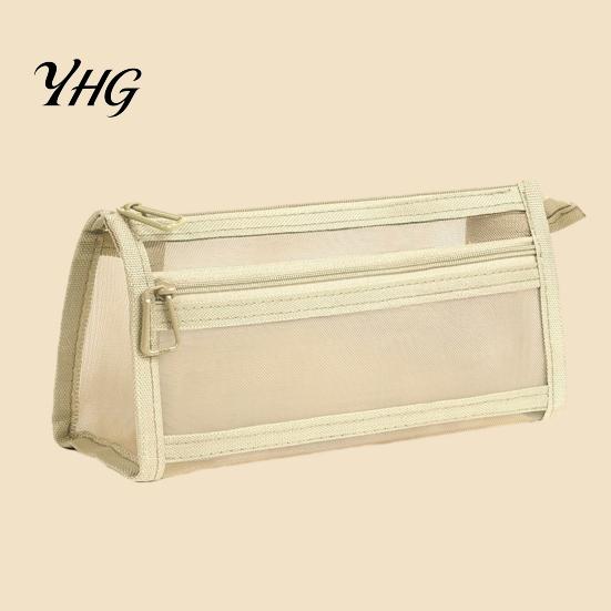 Wear Resistant Stationery Pouch Mesh Pencil Case with Zipper, Double Layer Large Capacity Compact Makeup Brush Holder Organizer, Transparent
