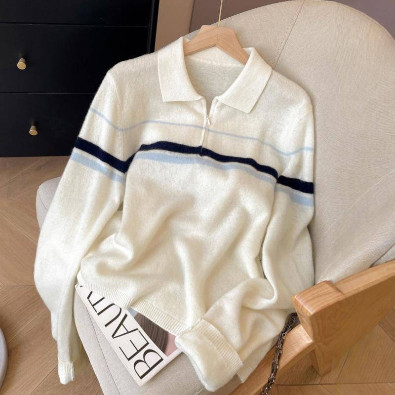 

Вязаный свитер с лацканами женский осенне-зимний новый полосатый свитер топ на молнии one size fits all белый