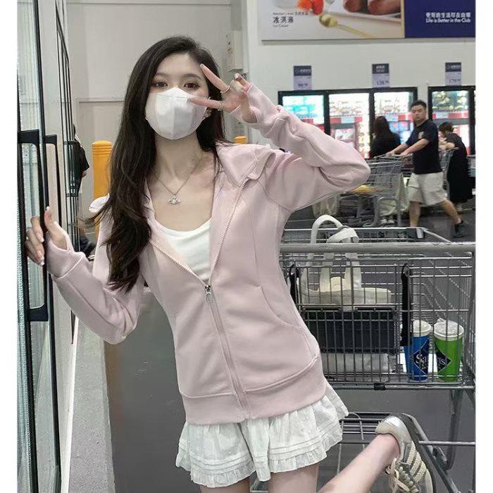 Women's Spring Hooded Cardigan - Sporty Slim Fit, Cinched Waist, Stylish Drop Shoulder, Versatile Short Top for Dopamine Dressing