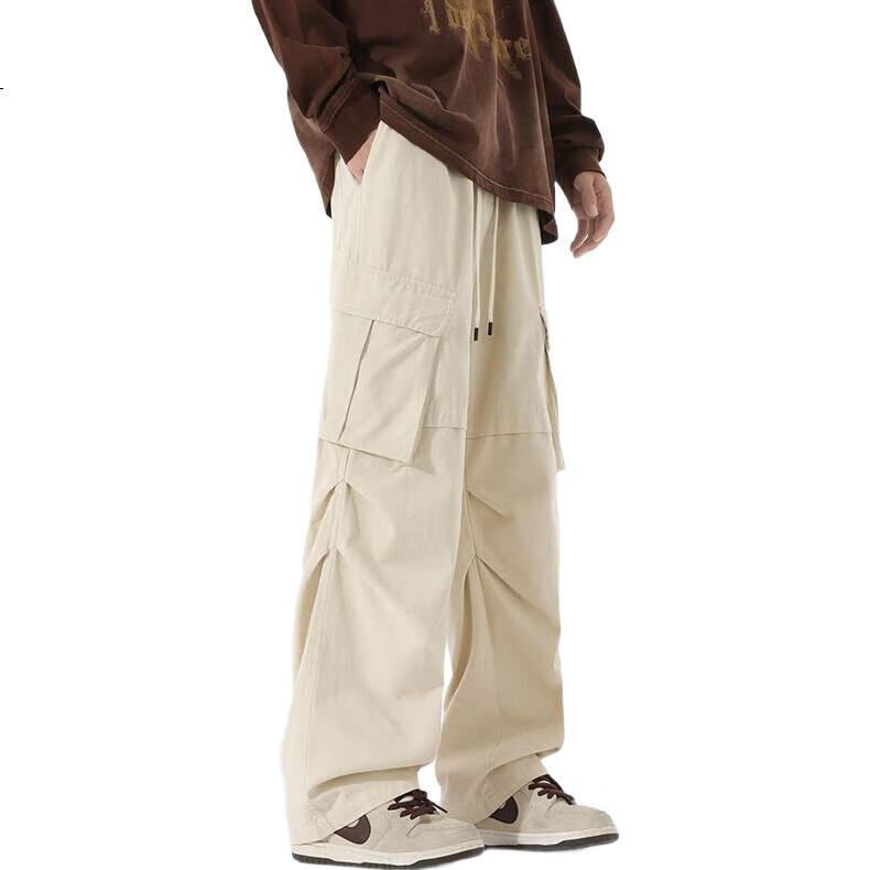 MMOPTOP Cotton Casual Pants for Men, Spring And Summer American Retro High Street Paratrooper Cargo Pants 8381 Off-White L