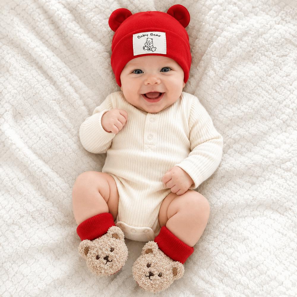 2Pcs/Set Warm Bear Ear Beanie Cotton Infant Cap Socks Cute Baby Turban Socks  Autumn Winter