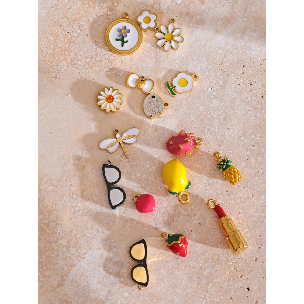 Yhpup Fashion Enamel Lemon Strawberry Heart Flower Gift DIY Accessories Making Necklace Bracelet Earring Stainless Steel Jewelry