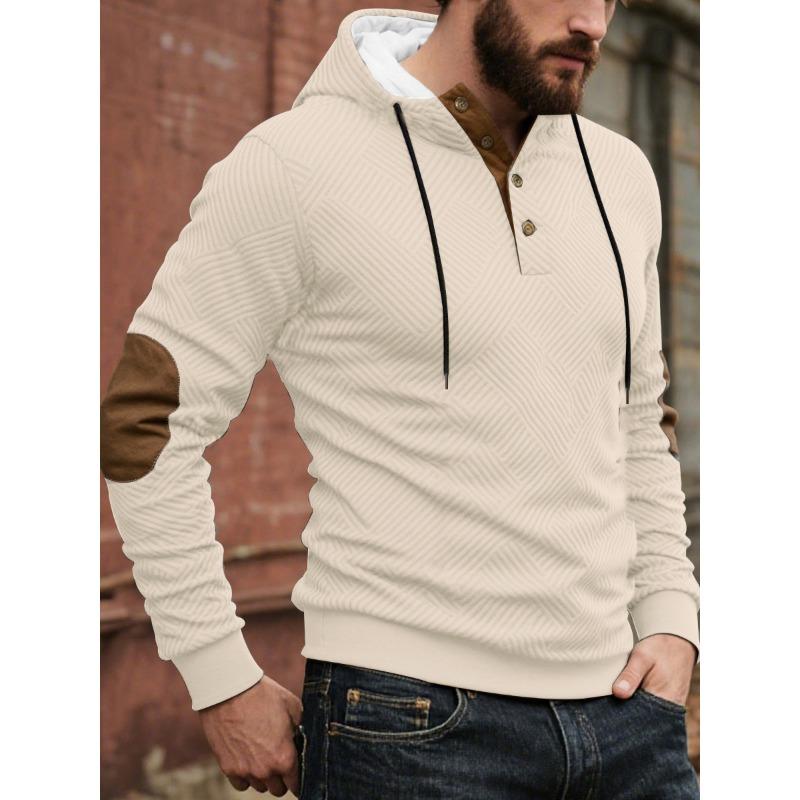 

Men s Autumn Winter White Textured Hoodie Button Placket Elbow Patch Pullover Sweatshirt S абрикосовий