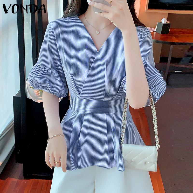 

VONDA Летние женские топы с V-образным вырезом и половиной рукавов в полоску