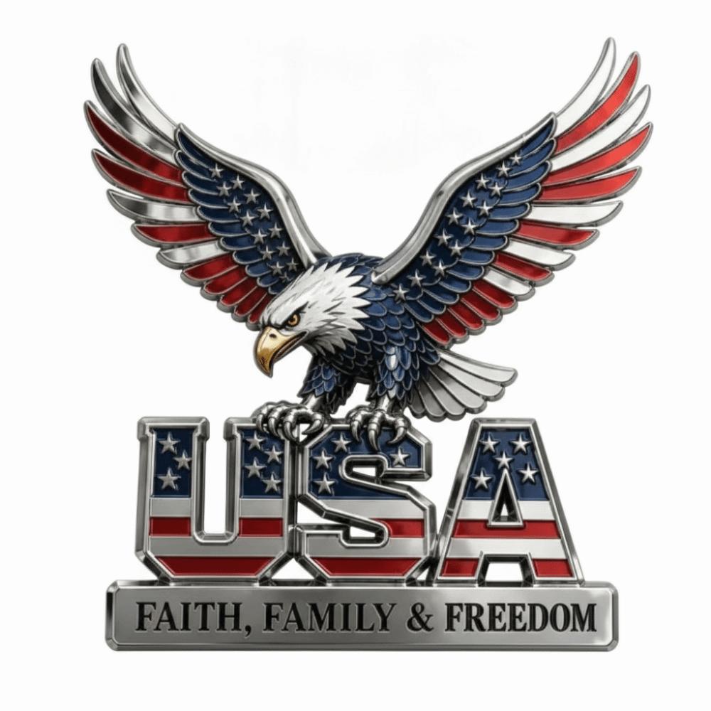 3D Raised Metal Design USA Faith Family Emblem Faith Family Freedom Slogan Durable Zinc Alloy Car Emblem