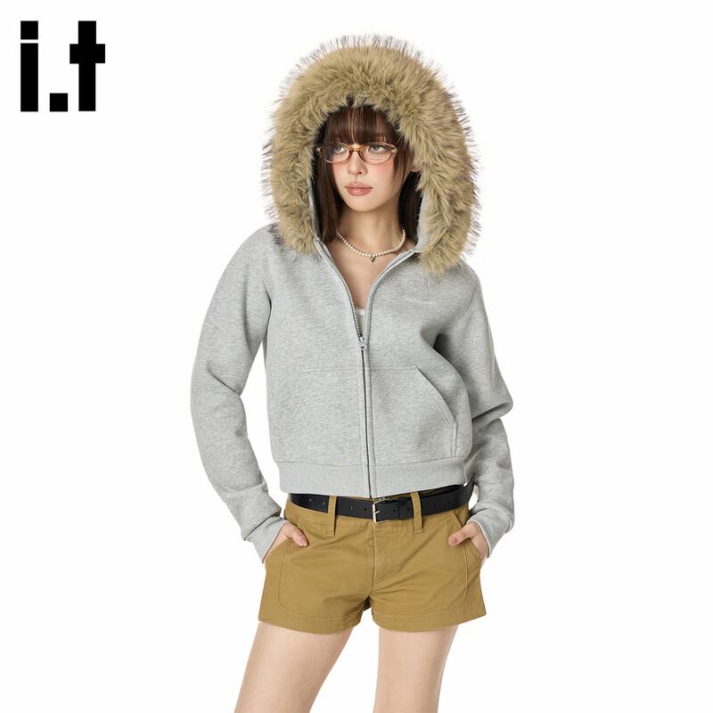 GROUND ZERO Removable Fur Collar Letter Embroidered Hoodie L