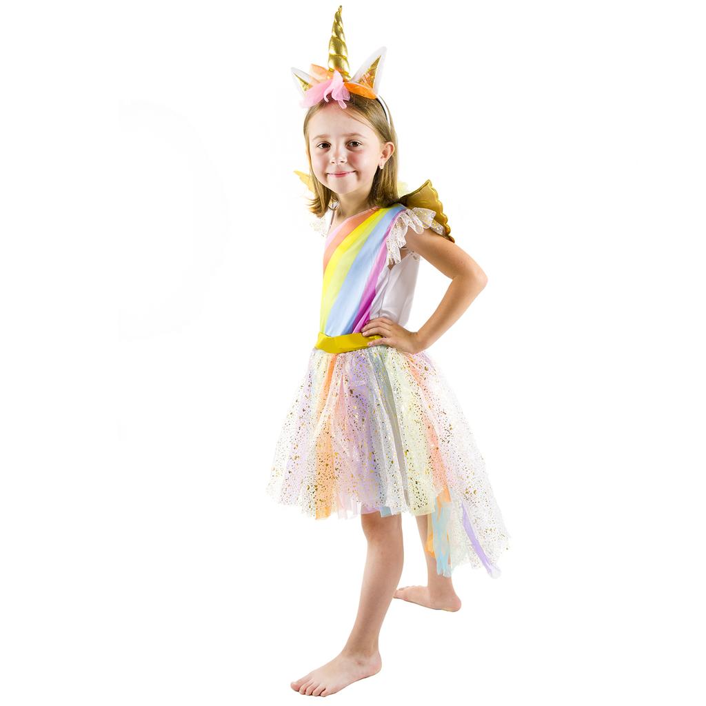 Costume dress set golden unicorn dress headband wings size 120 Golden unicorn costume size 130