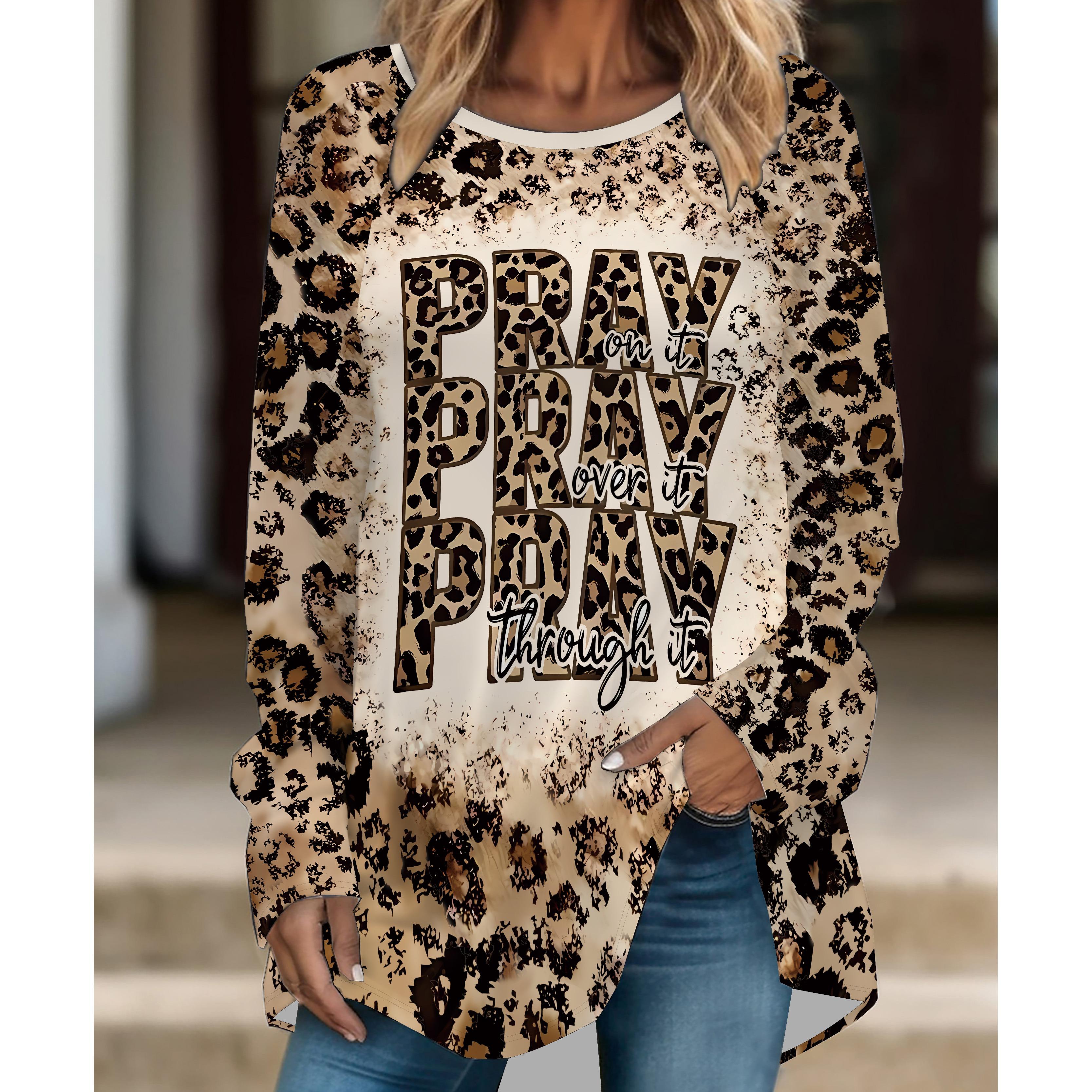 

Жіноча модна особистість великого розміру Леопардовий принт Зручна футболка з довгим рукавом та круглим вирізом Повсякденна мішкувата футболка середньої довжини Топи 6XL коричневий