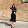 Spring Hepburn Style Black Midi Skirt Waist Slimming Black Skirt French Retro Long Sleeve Dress Women