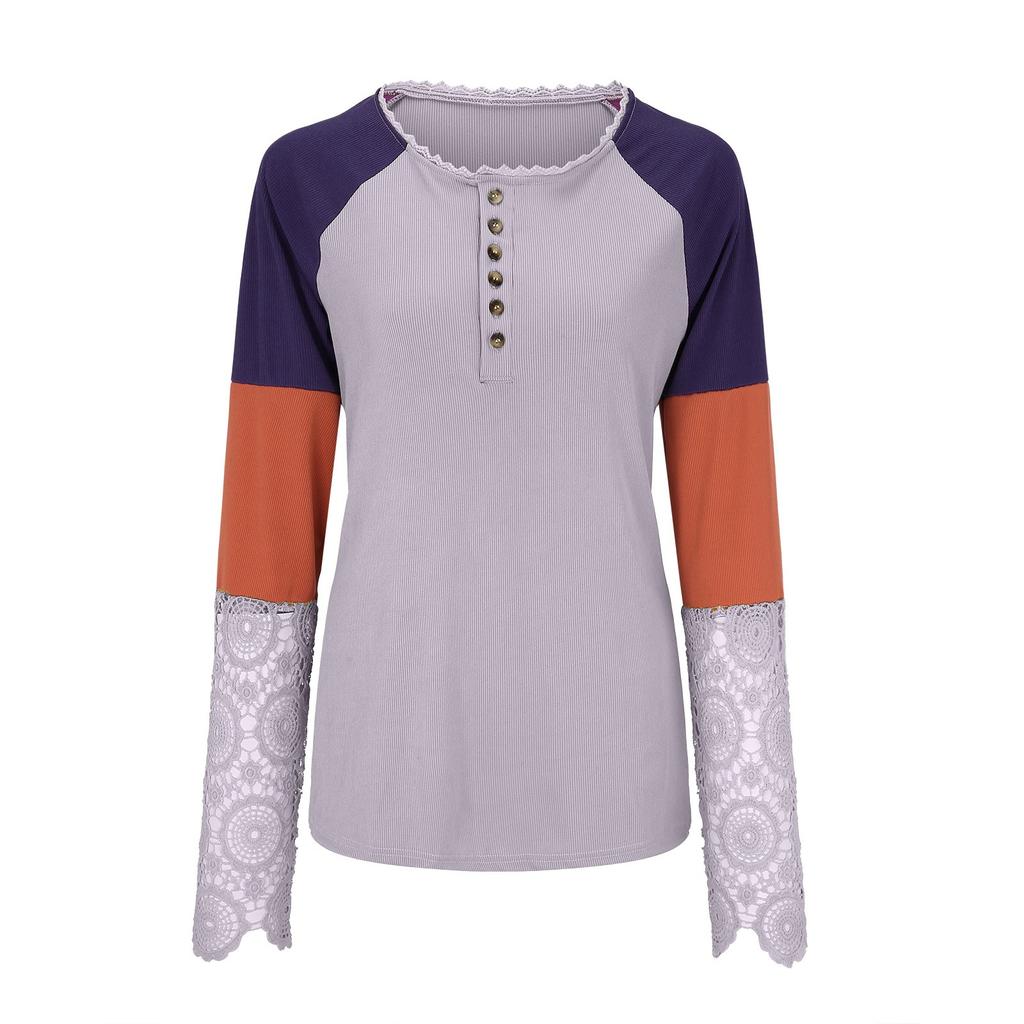 Women's Fashion  And Winter Round Collar Color Print Lace Long-sleeved Top