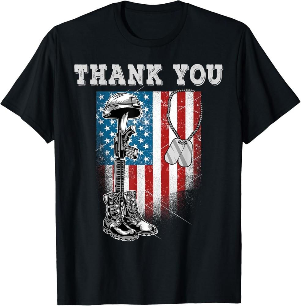 

Distressed Memorial Day Shirt Flag Military Boots Dog Tags Gift Unisex T-Shirt M